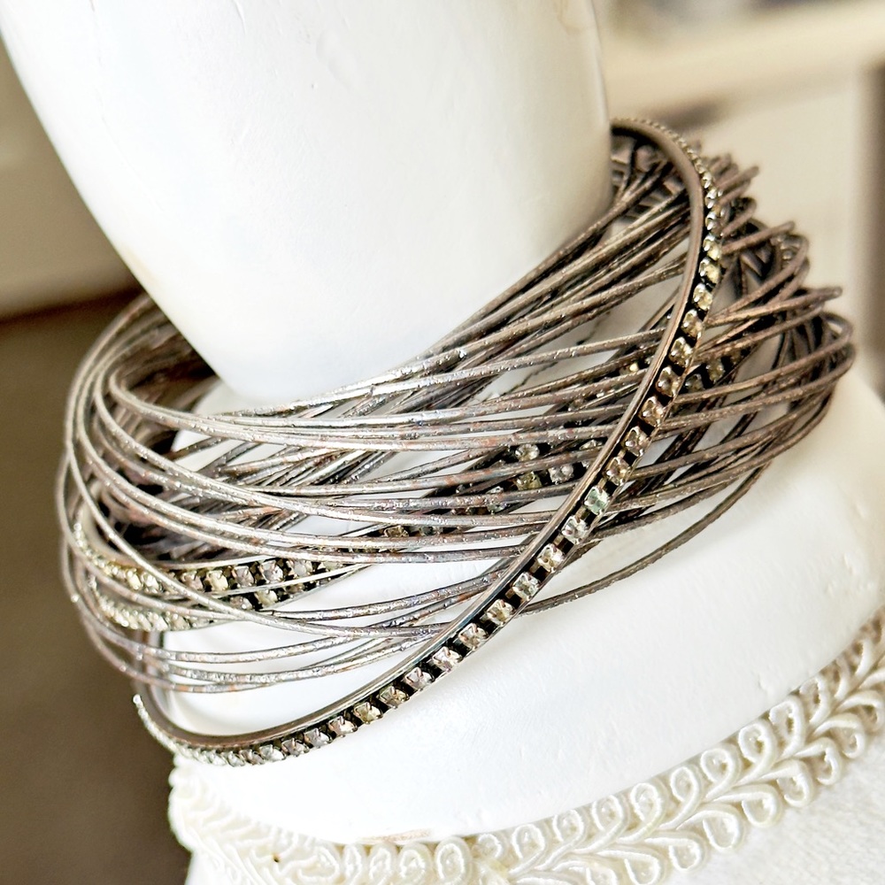 BOHO CHIC Interlocking Silver & Rhinestone Bracelet MultiLayers Bangle Bracelets